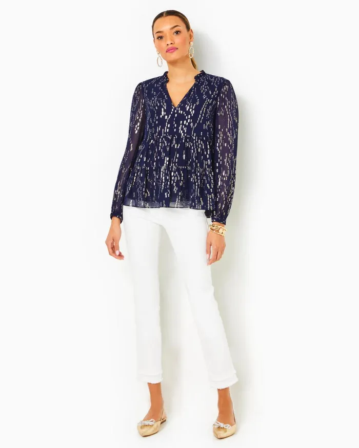 Lilly Pulitzer Sarita Silk Top True Navy Fish Clip Chiffon Women Tops