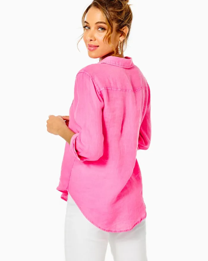 Lilly Pulitzer Sea View Linen Button Down Top Aura Pink Women Tops