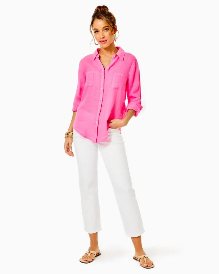 Lilly Pulitzer Sea View Linen Button Down Top Aura Pink Women Tops