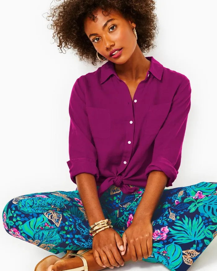 Lilly Pulitzer Sea View Linen Button Down Top Mulberry X Mulberry Women Tops