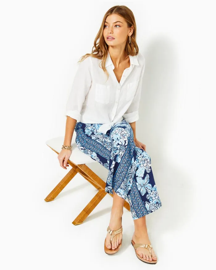 Lilly Pulitzer Sea View Linen Button Down Top Resort White Women Tops