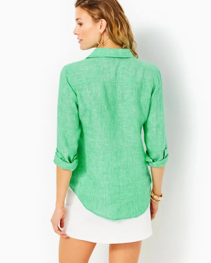 Lilly Pulitzer Sea View Linen Button Down Top Spearmint X Resort White Women Tops