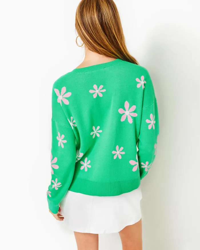 Lilly Pulitzer Tensley Cotton Sweater Spearmint Blossom Jacquard Women Tops