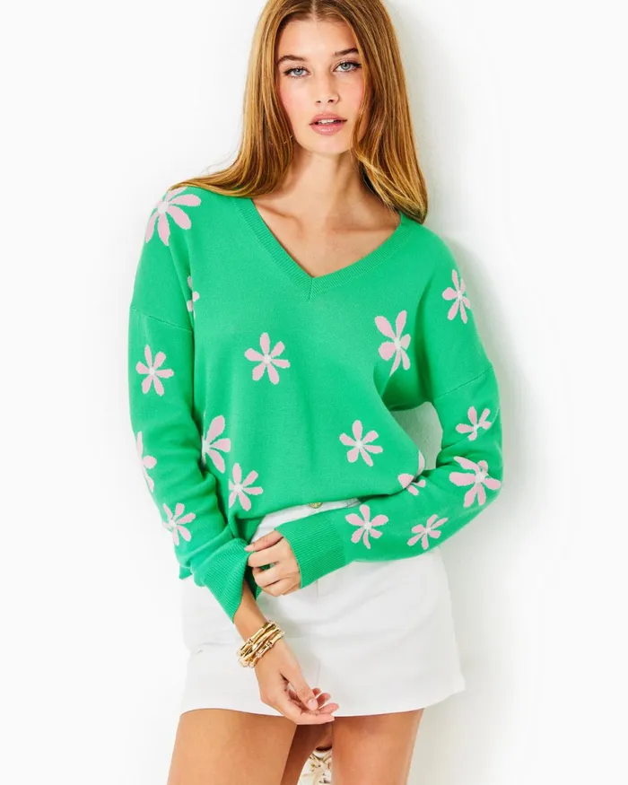 Lilly Pulitzer Tensley Cotton Sweater Spearmint Blossom Jacquard Women Tops