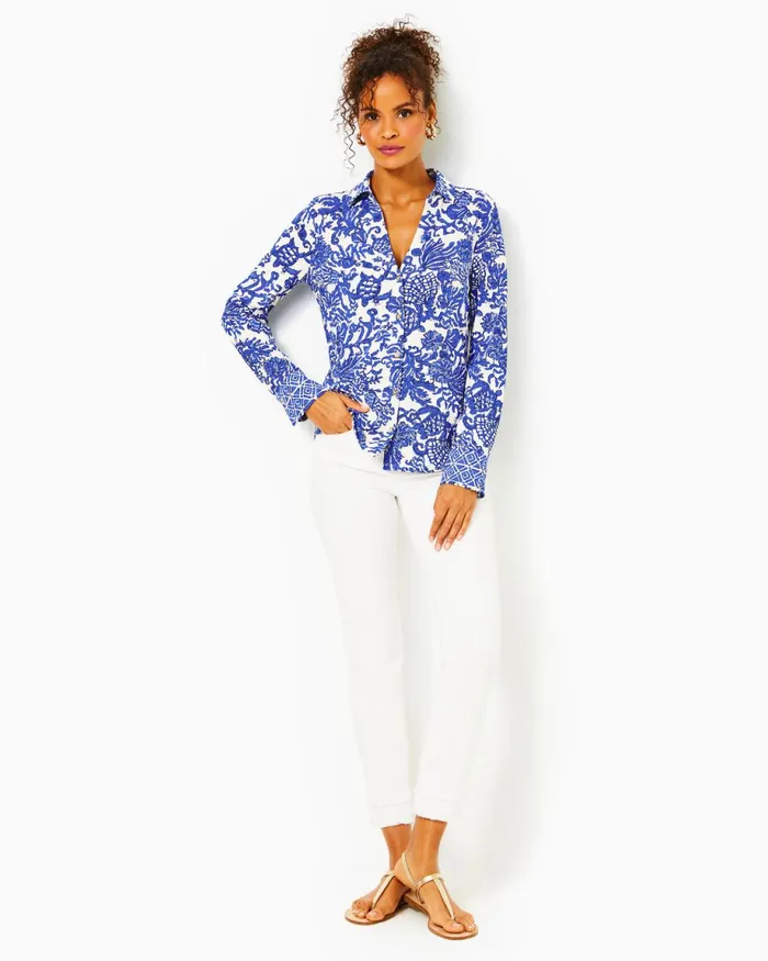 Lilly Pulitzer Upf 50 Chillylilly Marlena Button Down Top Deeper Coconut Ride With Me Engineered Chillylilly Women Tops