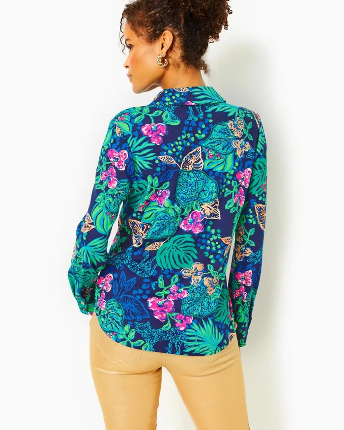 Lilly Pulitzer Upf 50 Chillylilly Marlena Button Down Top Low Tide Navy Life Of The Party Women Tops