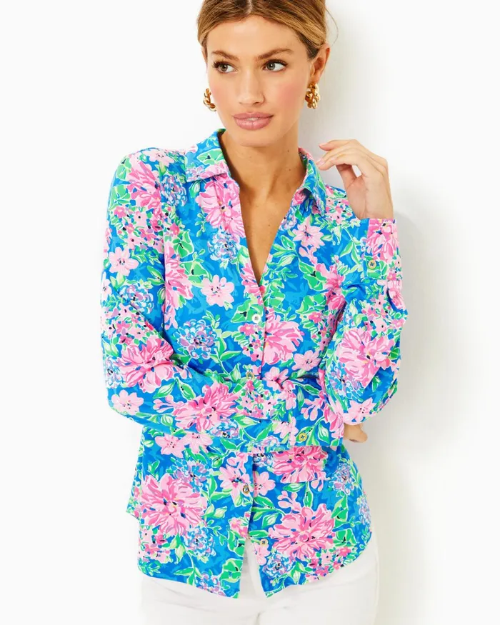 Lilly Pulitzer Upf 50 Chillylilly Marlena Button Down Top Multi Spring In Your Step Women Tops