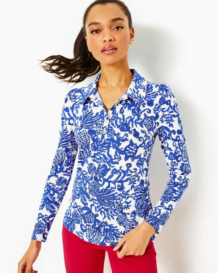 Lilly Pulitzer Upf 50 Luxletic Frida Polo Deeper Coconut Ride With Me Women Tops