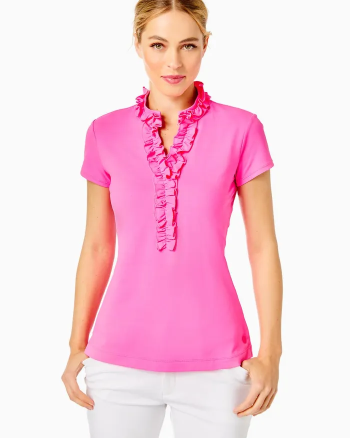 Lilly Pulitzer Upf 50 Luxletic Frida Ruffle Polo Top Pink Isle Women Tops