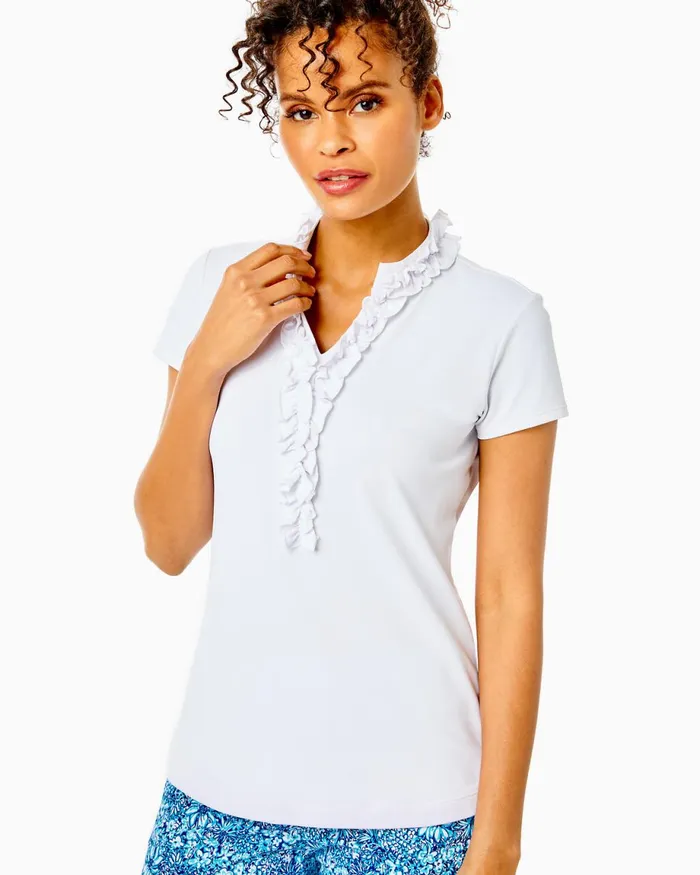 Lilly Pulitzer Upf 50 Luxletic Frida Ruffle Polo Top Resort White Women Tops