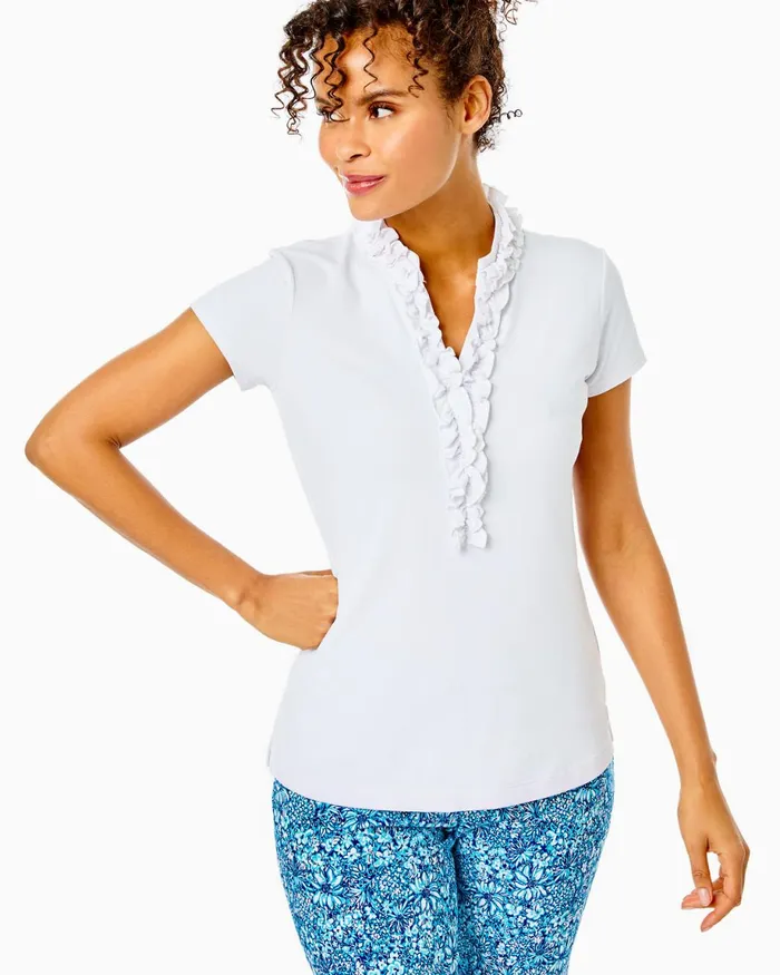 Lilly Pulitzer Upf 50 Luxletic Frida Ruffle Polo Top Resort White Women Tops