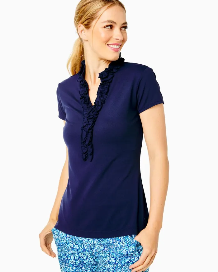 Lilly Pulitzer Upf 50 Luxletic Frida Ruffle Polo Top True Navy Women Tops