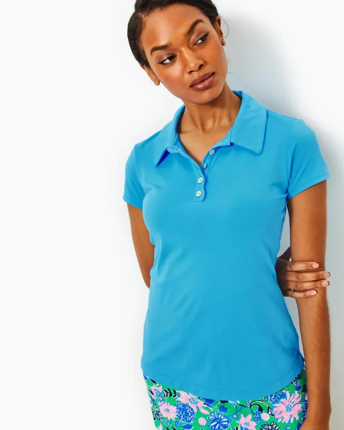Lilly Pulitzer Upf 50 Luxletic Frida Scallop Polo Top Lunar Blue Women Tops