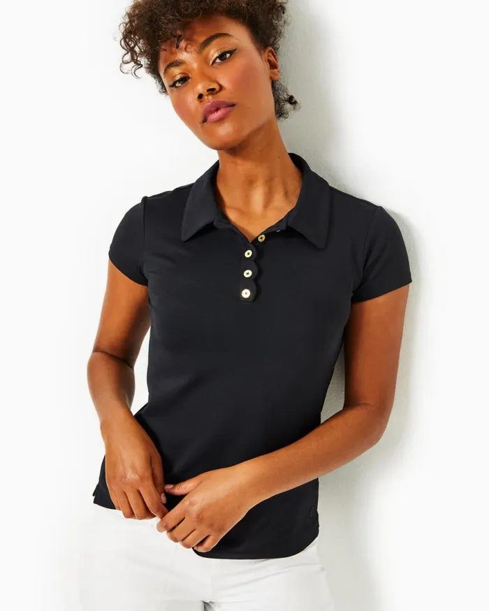 Lilly Pulitzer Upf 50 Luxletic Frida Scallop Polo Top Onyx Women Tops