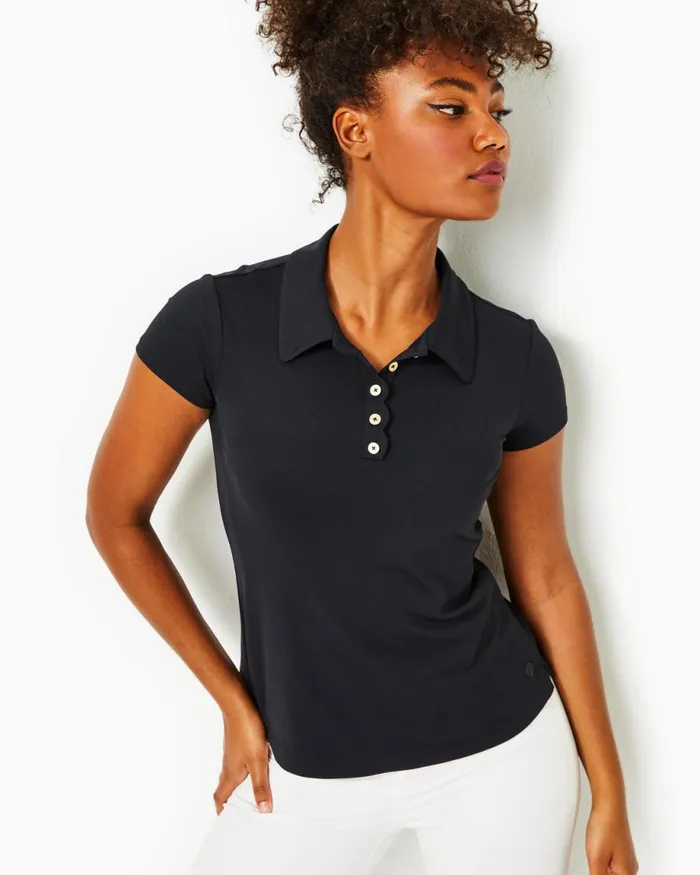 Lilly Pulitzer Upf 50 Luxletic Frida Scallop Polo Top Onyx Women Tops