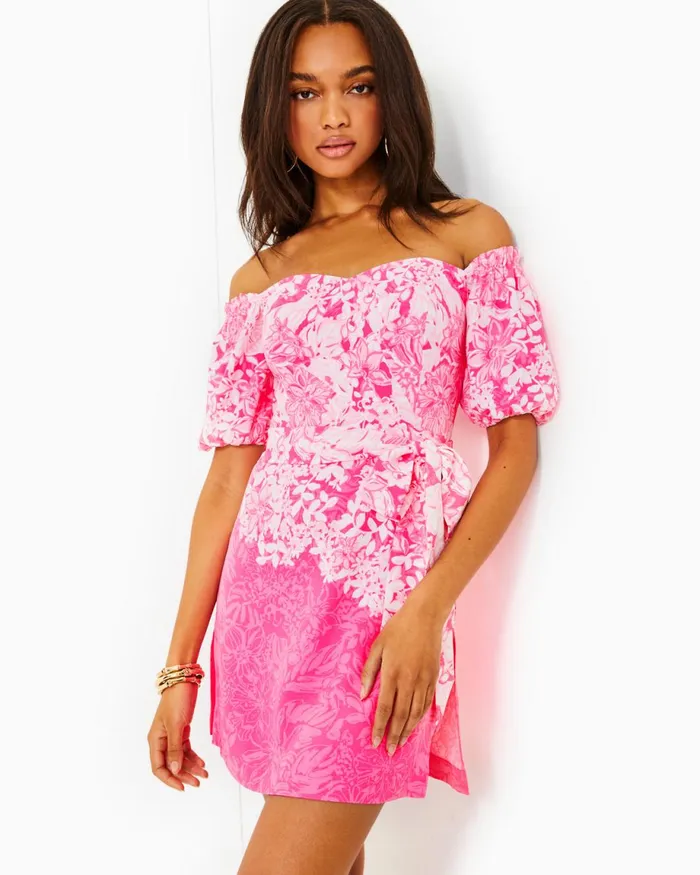 Lilly Pulitzer Winola OffTheShoulder Romper Roxie Pink Shadow Dancer Engineered Romper Women Rompers and Jumpsuits Lilly Pulitzer Winola OffTheShoulder Romper Roxie Pink Shadow Dancer Engineered Romper Women Rompers and Jumpsuits