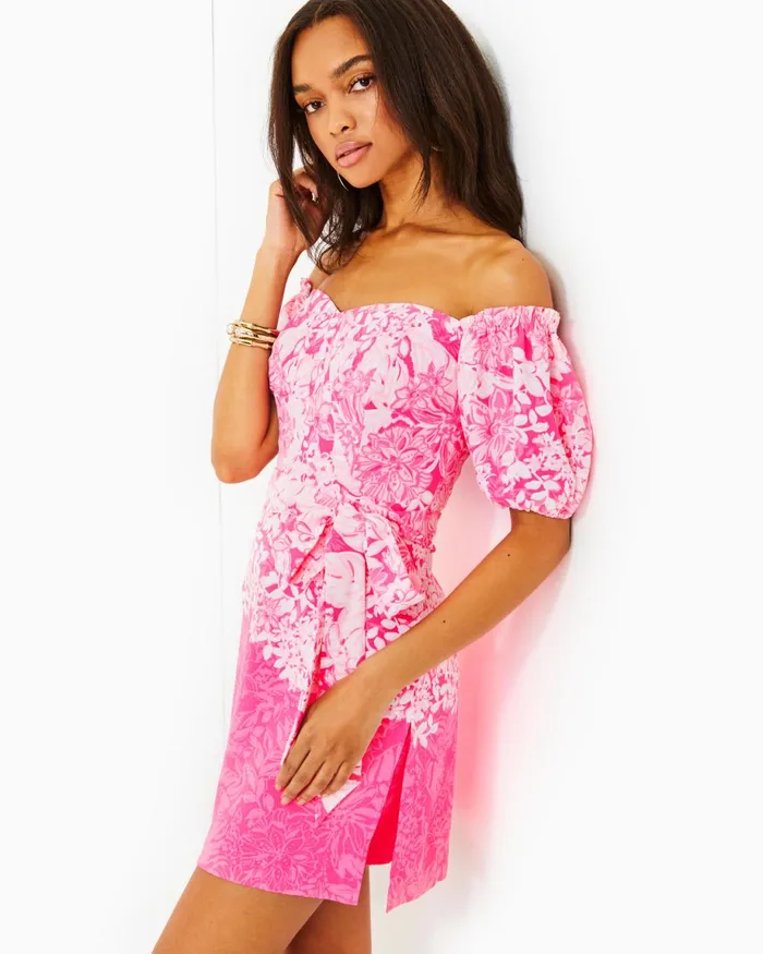 Lilly Pulitzer Winola OffTheShoulder Romper Roxie Pink Shadow Dancer Engineered Romper Women Rompers and Jumpsuits
