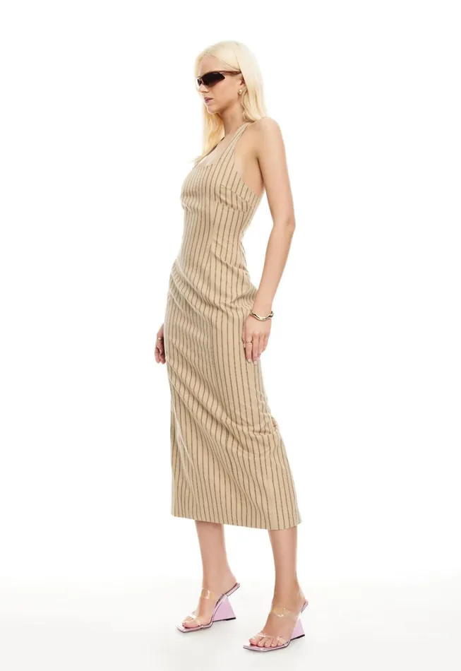 Lioness Fashion LES DEUX MIDI DRESS Stone Stripe Women Dresses Lioness Fashion LES DEUX MIDI DRESS Stone Stripe Women Dresses