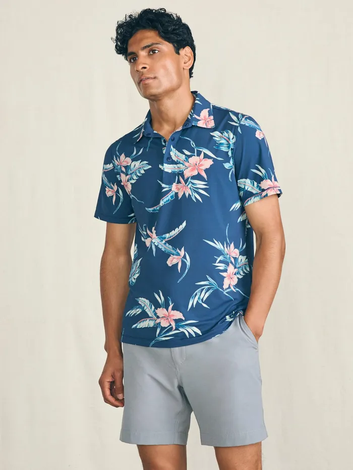 Men Polo Shirts Faherty Shorelite ShortSleeve Tech Polo Navy Island Orchid