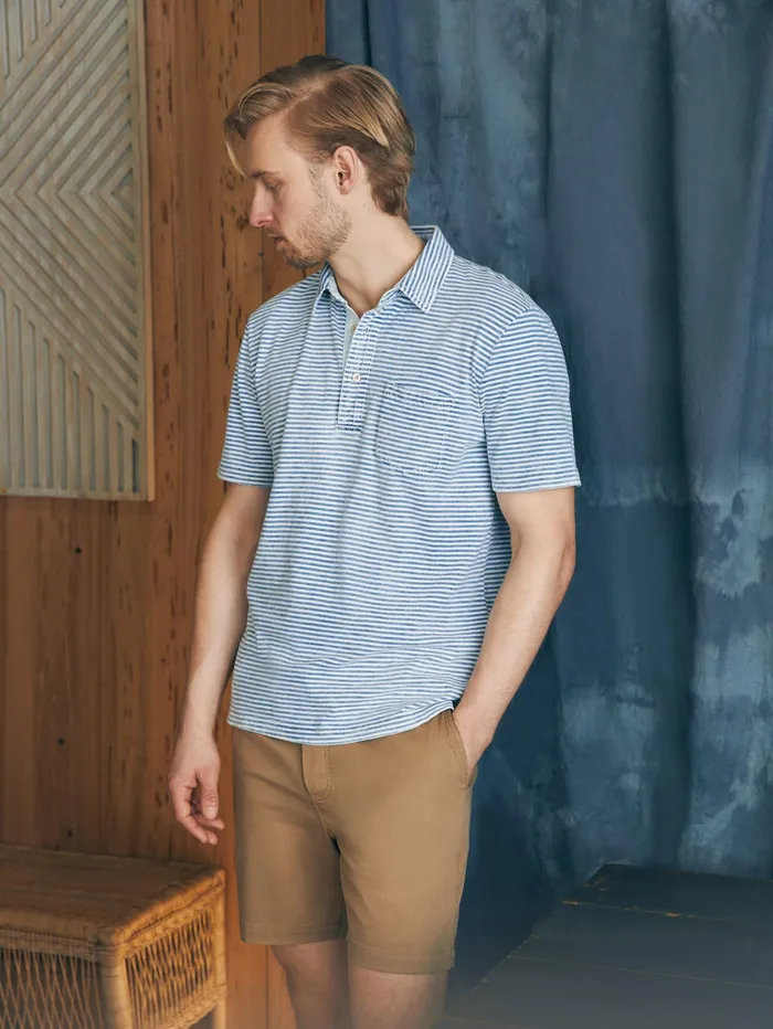Men Polo Shirts Faherty ShortSleeve Indigo Polo Shirt Azure Stream Stripe