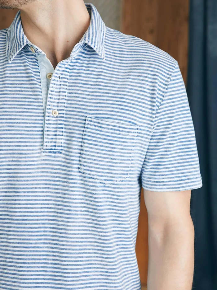 Men Polo Shirts Faherty ShortSleeve Indigo Polo Shirt Azure Stream Stripe