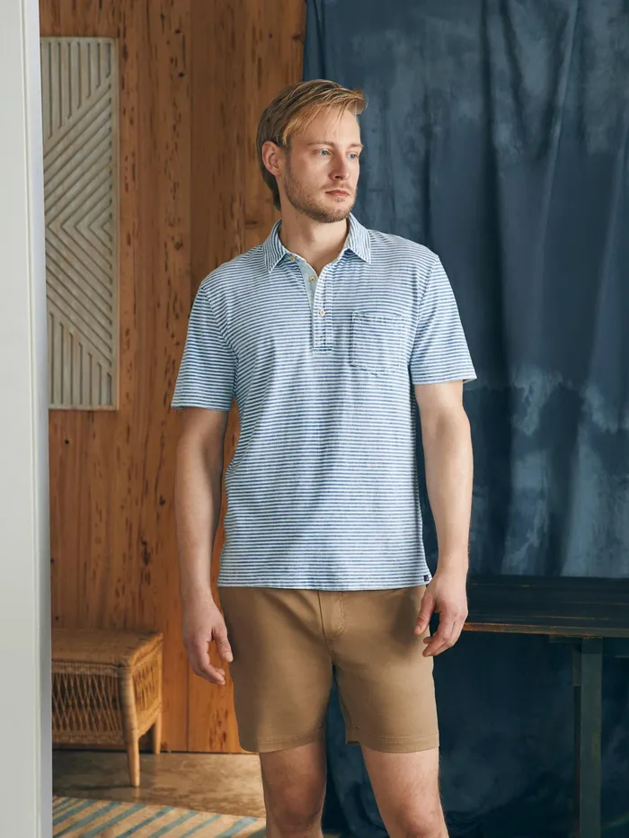 Men Polo Shirts Faherty ShortSleeve Indigo Polo Shirt Azure Stream Stripe