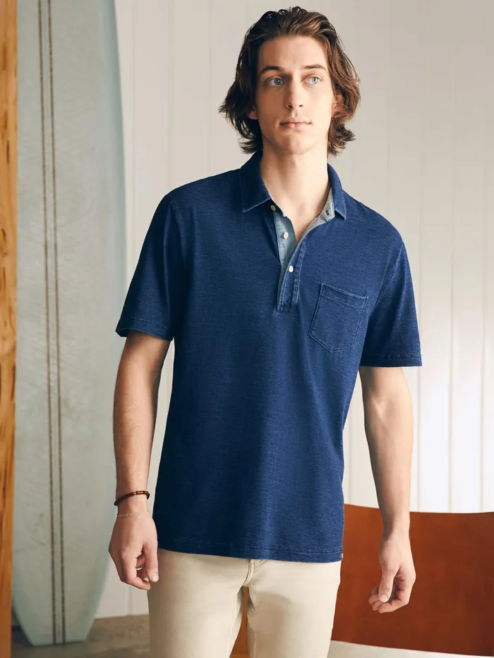 Men Polo Shirts Faherty ShortSleeve Indigo Polo Shirt Midnight Wash