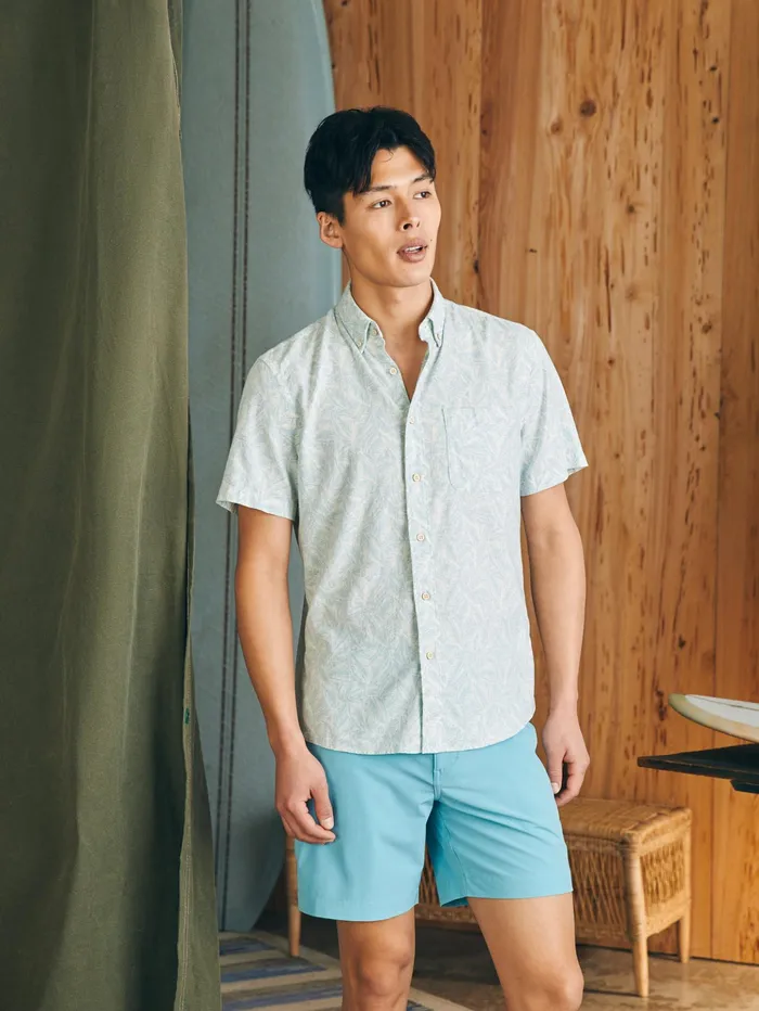 Men Shirts Faherty ShortSleeve Breeze Shirt Teal Jungle Leaf Print