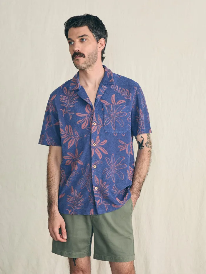 Men Shirts Faherty ShortSleeve Cabana Towel Terry Shirt Twilight Coral Floral