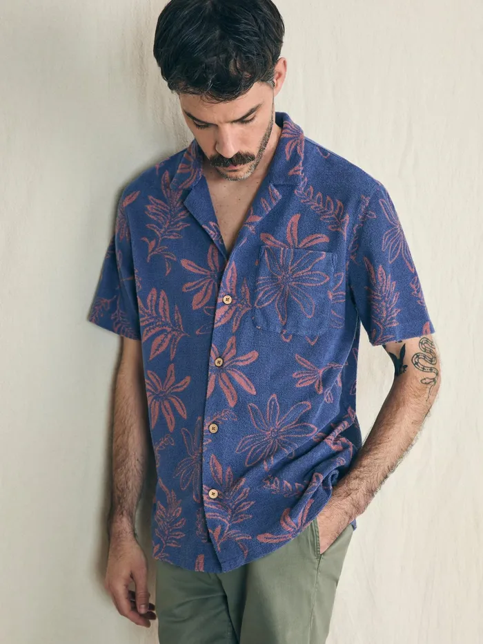 Men Shirts Faherty ShortSleeve Cabana Towel Terry Shirt Twilight Coral Floral