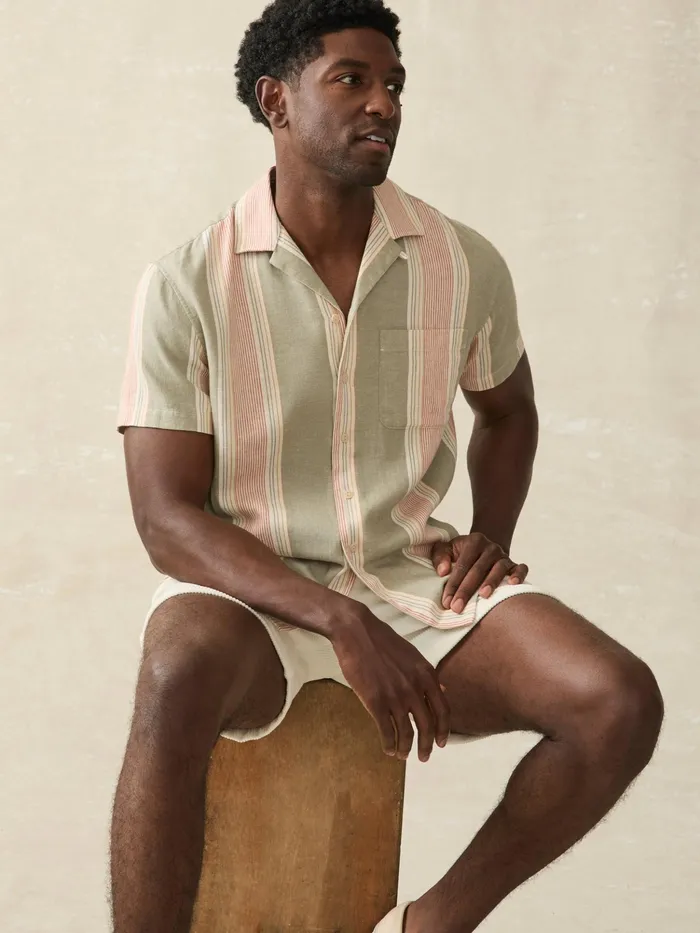 Men Shirts Faherty ShortSleeve Hemp Blend Camp Shirt Forest Isle Stripe