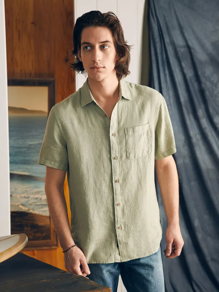 Men Shirts Faherty ShortSleeve Palma Linen Shirt Canyon Olive Basketweave