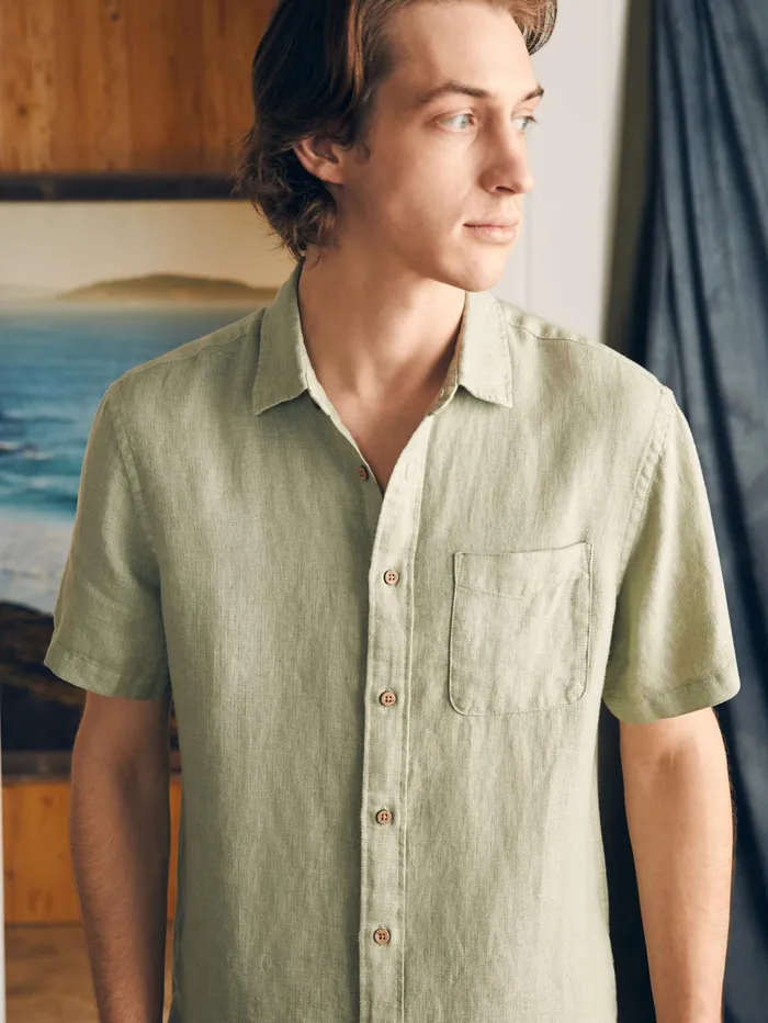 Men Shirts Faherty ShortSleeve Palma Linen Shirt Canyon Olive Basketweave