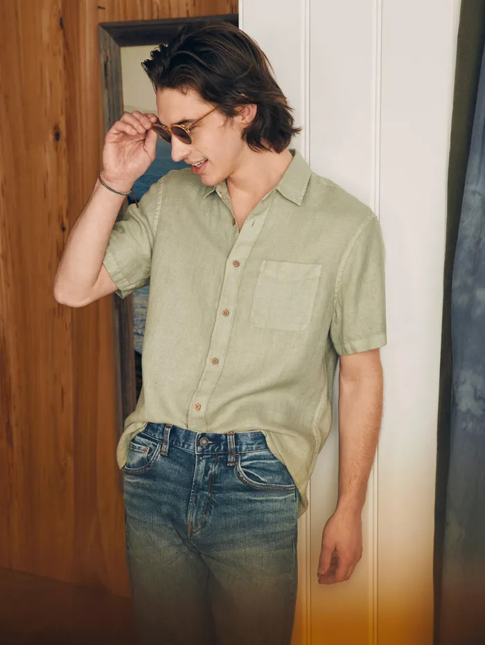 Men Shirts Faherty ShortSleeve Palma Linen Shirt Canyon Olive Basketweave