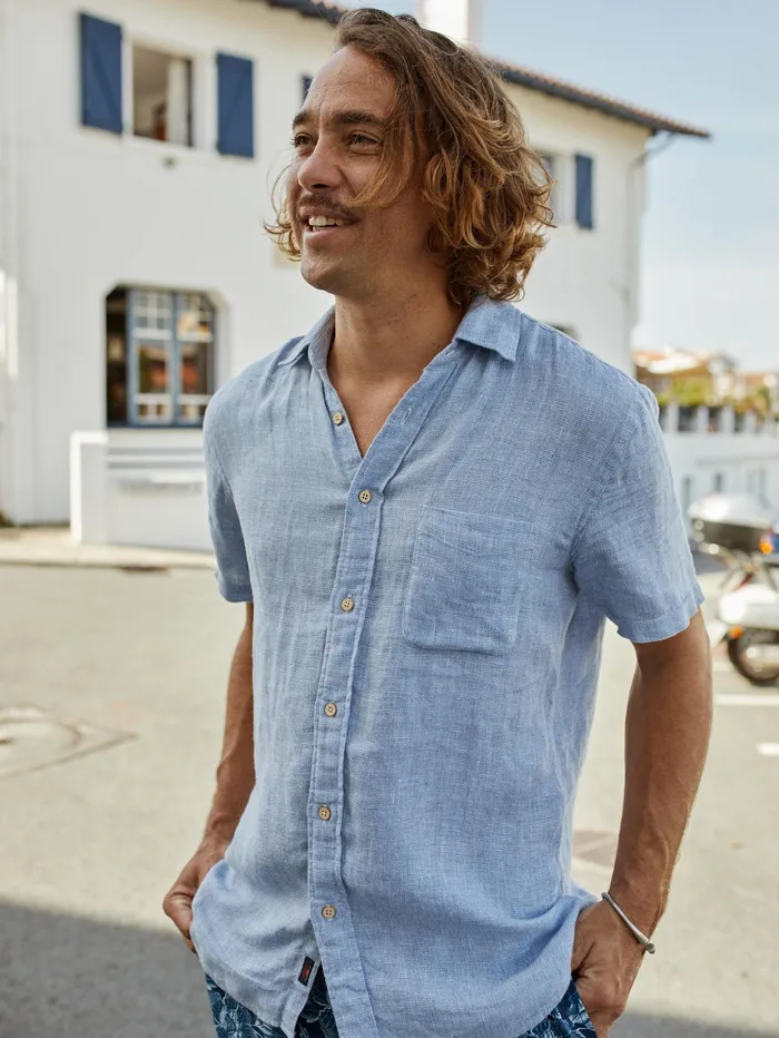 Men Shirts Faherty ShortSleeve Palma Linen Shirt Tall Blue Basketweave