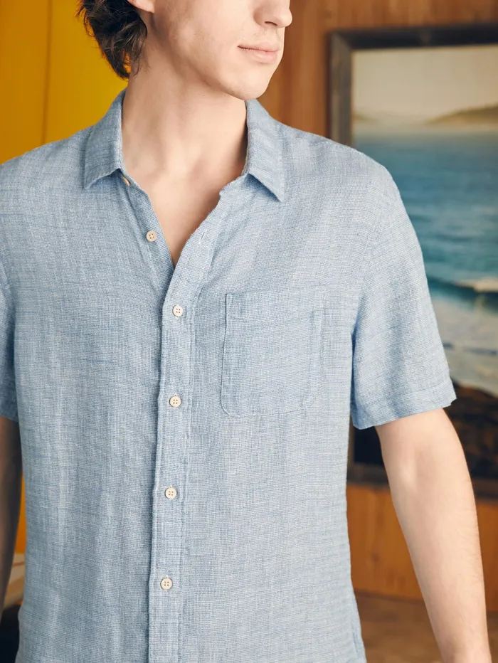 Men Shirts Faherty ShortSleeve Palma Linen Shirt Tall Blue Basketweave