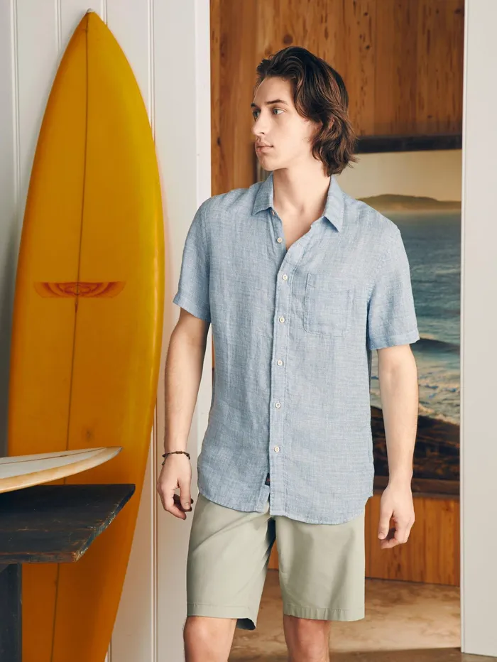 Men Shirts Faherty ShortSleeve Palma Linen Shirt Tall Blue Basketweave