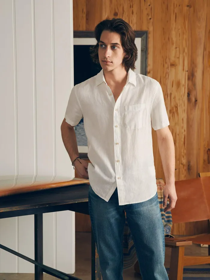 Men Shirts Faherty ShortSleeve Palma Linen Shirt Tall Bright White Basketweave