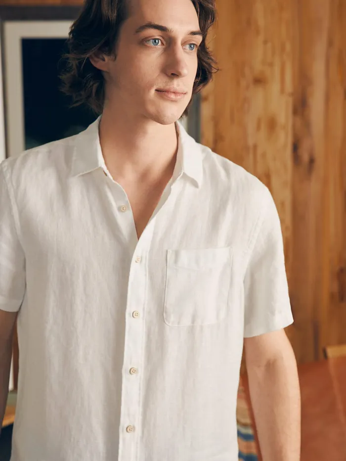 Men Shirts Faherty ShortSleeve Palma Linen Shirt Tall Bright White Basketweave