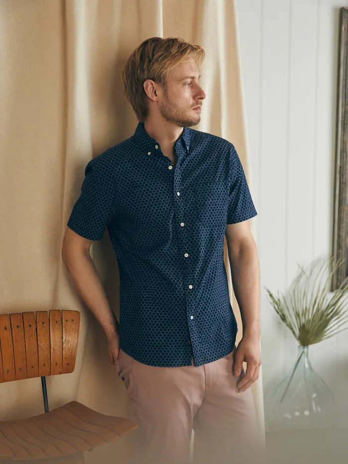 Men Shirts Faherty ShortSleeve Stretch Playa Shirt Tall Midnight Fishscale