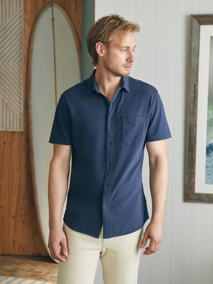 Men Shirts Faherty ShortSleeve Sunwashed Knit Shirt Single Pocket Dune Navy