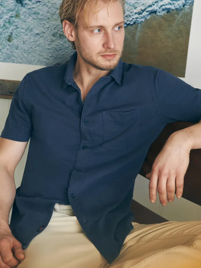 Men Shirts Faherty ShortSleeve Sunwashed Knit Shirt Single Pocket Dune Navy