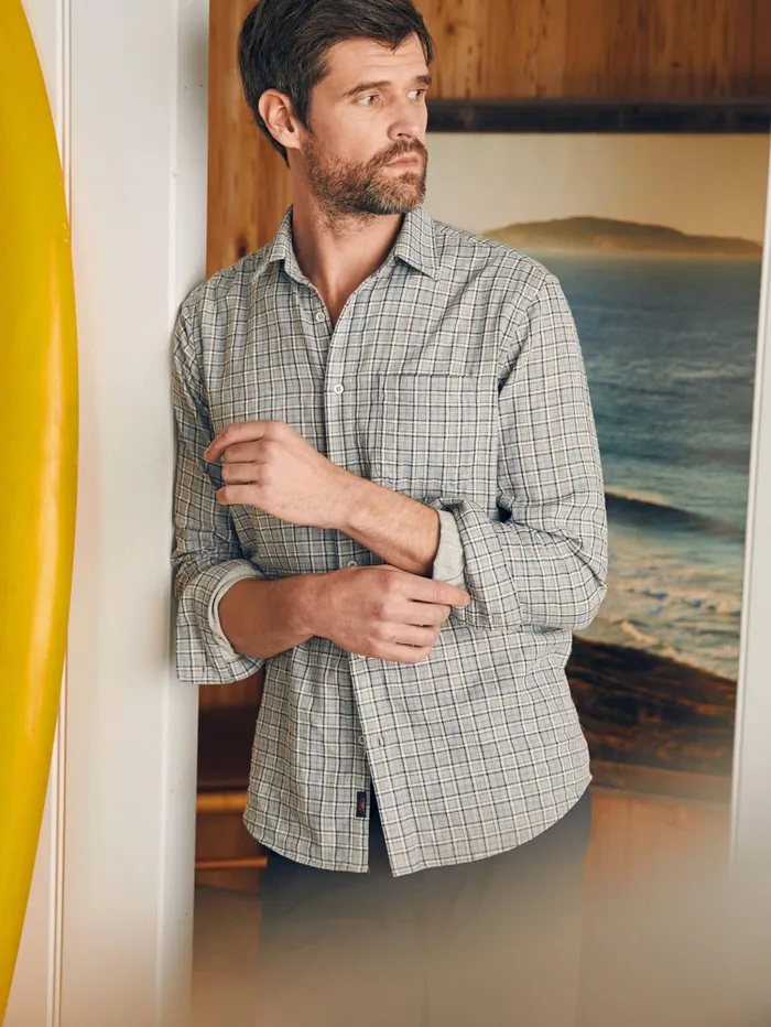 Men Shirts Faherty Sunwashed Chambray Shirt Silver Falls Plaid