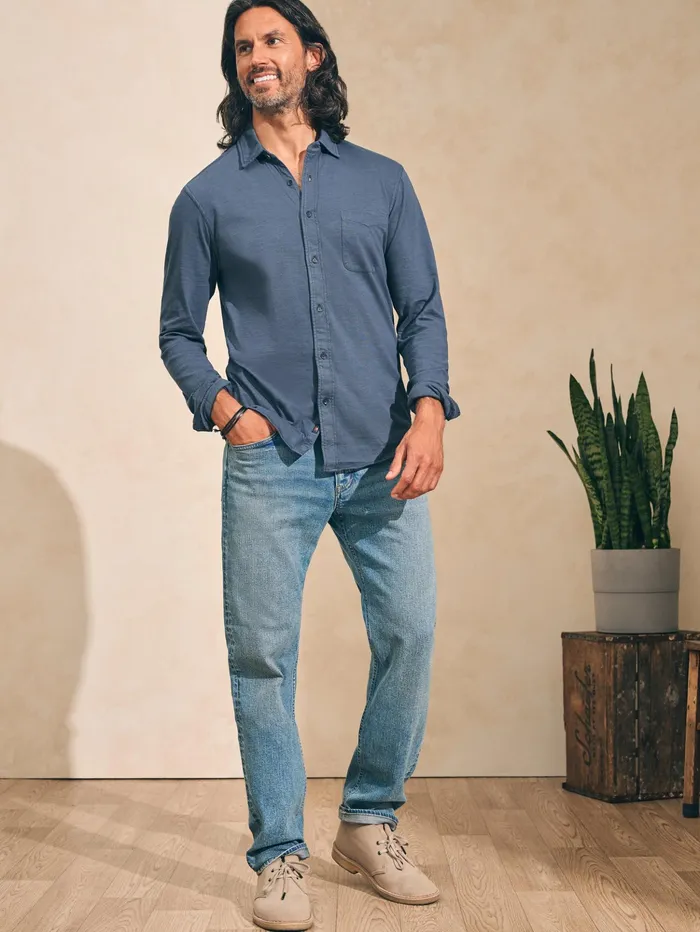 Men Shirts Faherty Sunwashed Knit Shirt Single Pocket Dune Navy