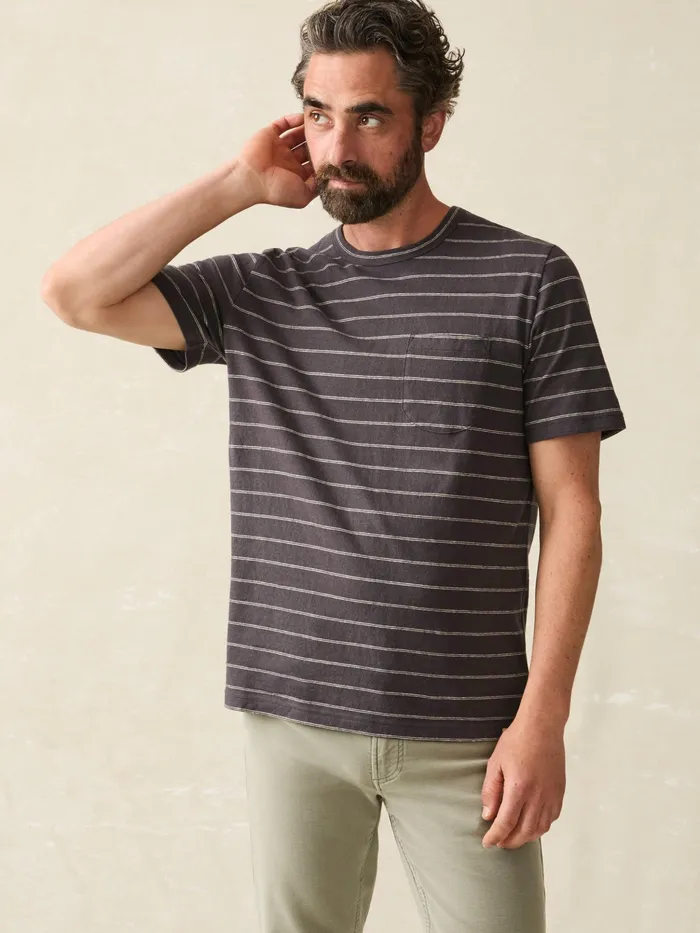 Men TShirts and Henleys Faherty ShortSleeve Hemp Blend Tee Black Iron Ivory Stripe