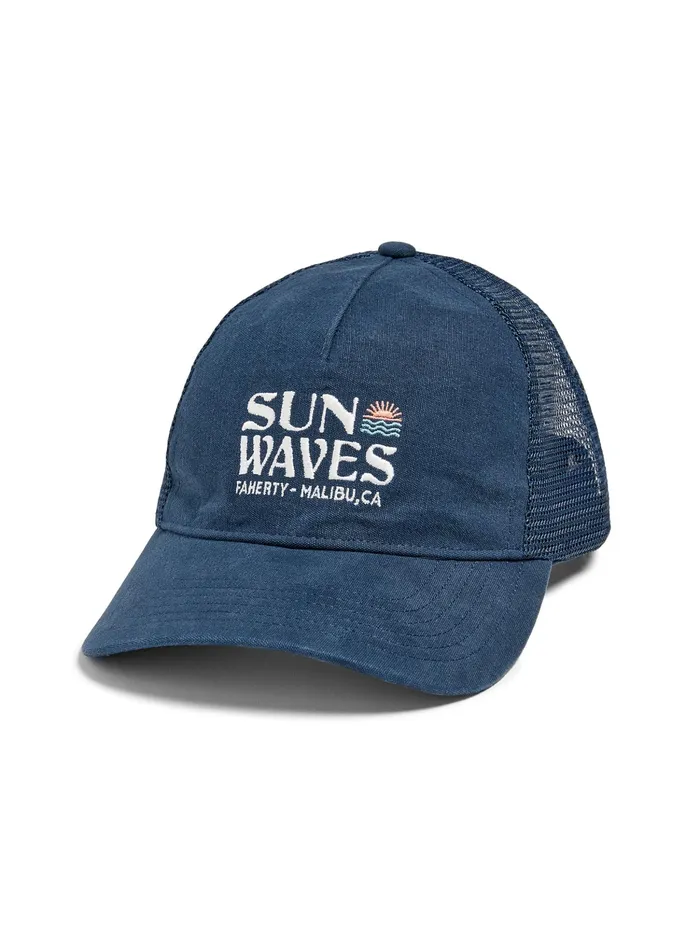 MenWomen Hats Faherty Malibu Retro Sun and Waves Trucker Navy