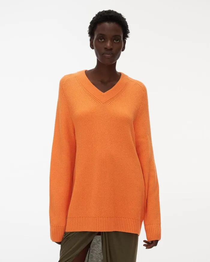 Sweaters Women Helmut Lang Cutout VNeck Sweater Safety Orange