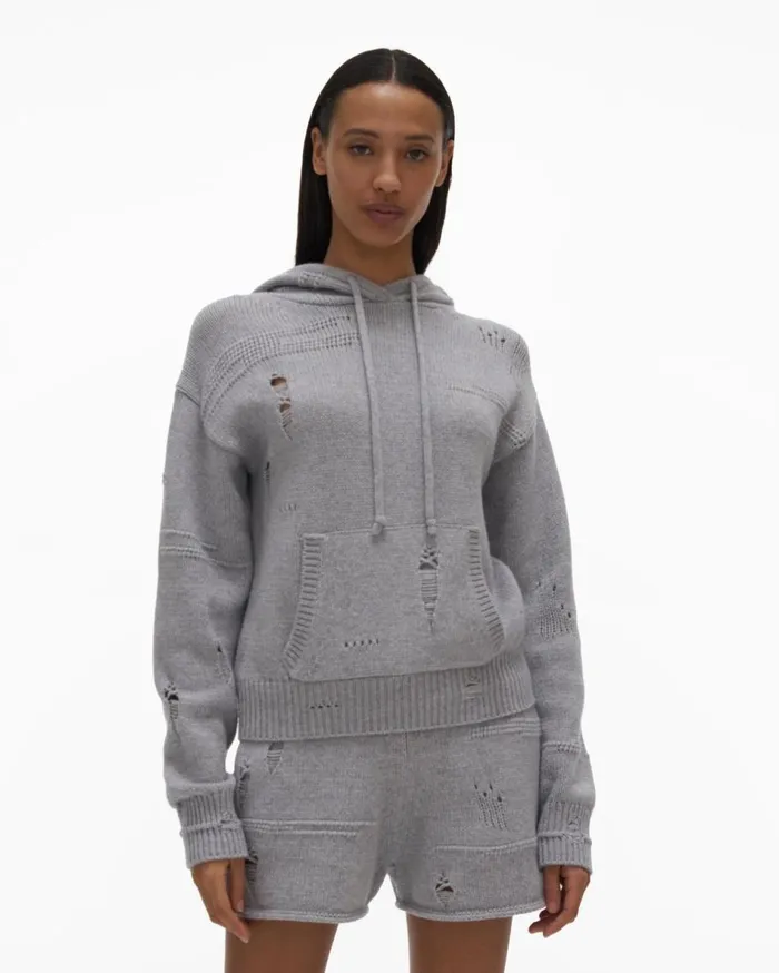 Sweaters Women Helmut Lang Distressed Hoodie Grey Melange