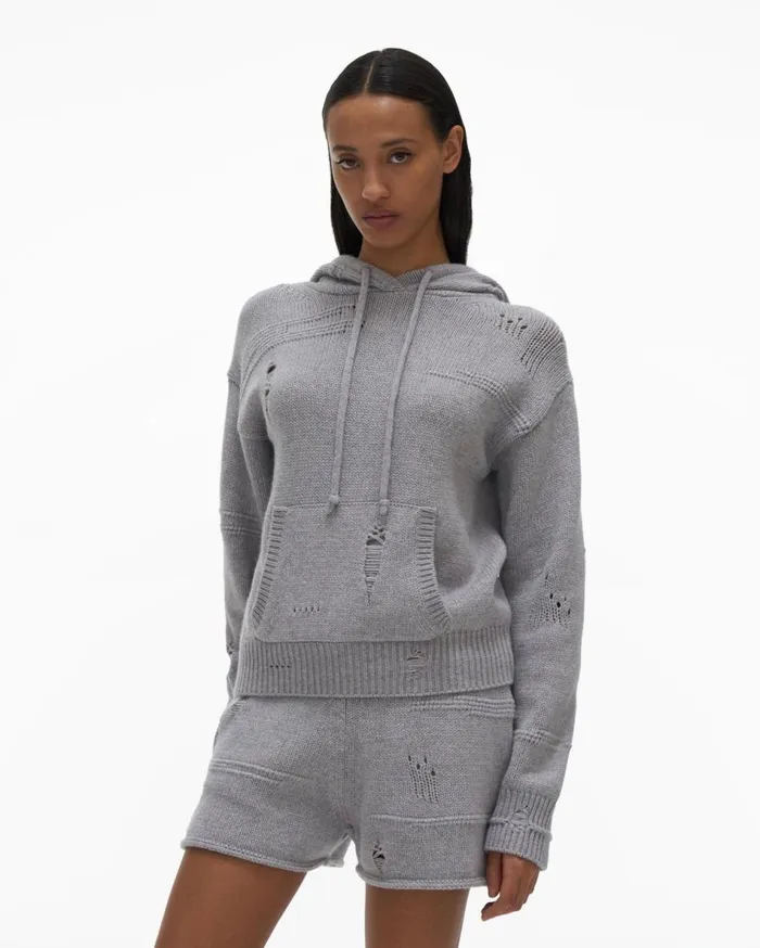 Sweaters Women Helmut Lang Distressed Hoodie Grey Melange