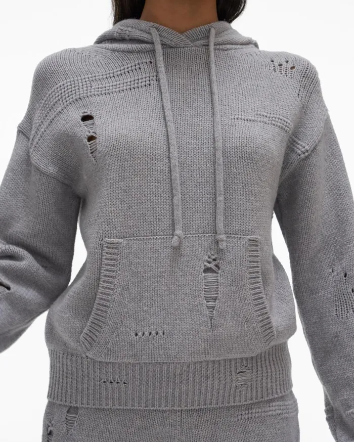 Sweaters Women Helmut Lang Distressed Hoodie Grey Melange